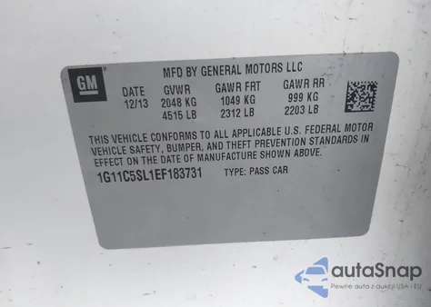 2014 Chevrolet Malibu 1Lt from USA, damaged, VIN 1G11C5SL1EF183731